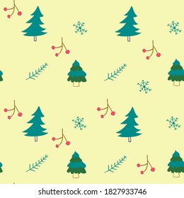 Seamless pattern of christmas tree, snowflakes, berry. Forest, winter concept for wrapping paper design. Flat illustration.
