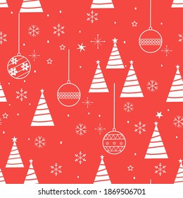Seamless pattern with Christmas tree and snowflakes on red background vector illustration.