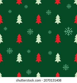 seamless pattern christmas tree and snowflakes on green background