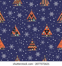
Patrón inmaculado de árbol de Navidad, copos de nieve en un fondo azul. Gráficos vectoriales.