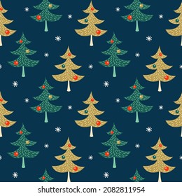 Seamless pattern with Christmas tree and snowflakes on a dark background in cartoon style.