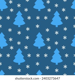 Patrón sin foco con árbol de Navidad y copos de nieve. Patrón de diseño navideño. Colorida ilustración vectorial de invierno. Ilustración del año nuevo.