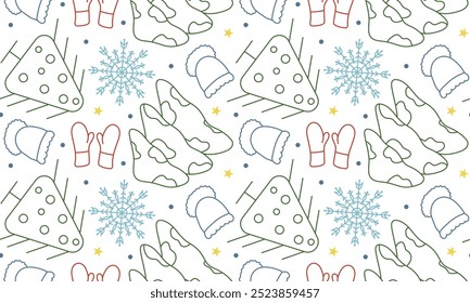 Seamless pattern with Christmas tree and snowflakes in doodle style. Geometric trees for New Year. Winter mittens and hat. Image for packaging, textiles and wallpaper.