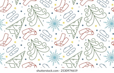 Padrão contínuo com árvore de Natal e flocos de neve em estilo doodle. Árvores geométricas para o Ano Novo. Luvas de inverno e meias quentes. Imagem horizontal para embalagens, têxteis e papel de parede.