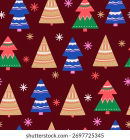 Patrón sin fisuras con un árbol de Navidad y copos de nieve en un estilo creativo. Fondo de vacaciones de invierno. Diseño de papel de embalaje festivo para las vacaciones. Vector.