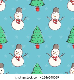 seamless pattern christmas tree and snowman