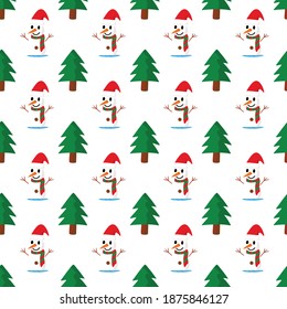 Patrón sin foco de árbol de navidad y muñeco de nieve aislados en fondo blanco, concepto de Navidad.