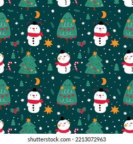 Seamless pattern with Christmas tree, snowman and stars. Background, Wrapping paper festive print. Texture for Christmas and New Year holiday textile, print with cute design elements 