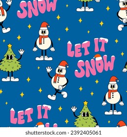 Seamless pattern with christmas tree, snowman and let it snow quote in groovy style. Holiday vector background