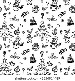 Seamless pattern with christmas tree, snowman, mistletoe, gingerbread cookies, snowman, snowflake. Black and White. Hand drawn illustration. Suitable for package, textile, wallpaper, print design.