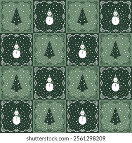 Seamless Pattern. Christmas tree, Snowman, Snow falling. Colors Green and White.