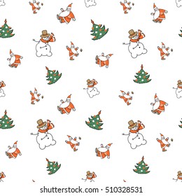 Seamless pattern with christmas tree, snowman, Santa Claus. Cute decorative design for celebrating winter holidays - Christmas and New Year. Xmas symbols and elements on white backdrop.