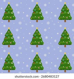 Patrón sin fisuras con árbol de Navidad y snow.Xmas patrón de repetición con copo de nieve aislado en el fondo. Fondo de pantalla de ilustración gráfica de Vector.