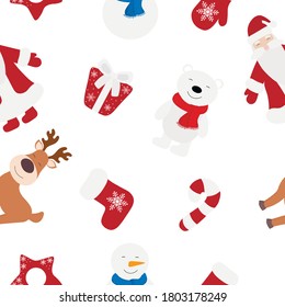 Seamless pattern Christmas tree star Santa Claus deer house snowman polar bear vector illustration