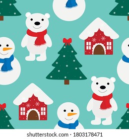 Seamless pattern Christmas tree star Santa Claus deer house snowman polar bear vector illustration