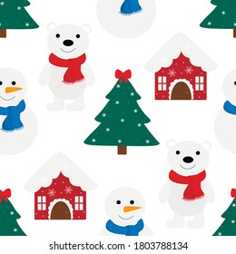 Seamless pattern Christmas tree star Santa Claus deer house snowman polar bear vector illustration
