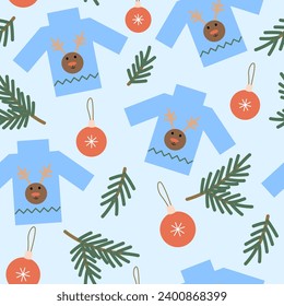 seamless pattern with Christmas tree toy, Christmas tree branch and sweater with deer