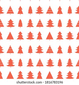 Seamless pattern with Christmas tree with toys. Red and white silhouette with black line.