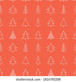 Patrón sin problemas con el árbol de Navidad con juguetes. Silueta roja y blanca con línea negra.