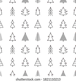 Seamless pattern with Christmas tree with toys. Red and white silhouette with black line.