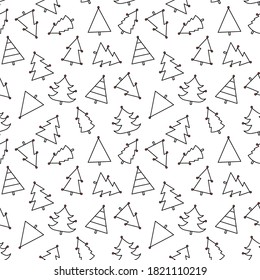 Seamless pattern with Christmas tree with toys. Red and white silhouette with black line.