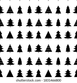 Patrón sin problemas con el árbol de Navidad con juguetes. Silueta roja y blanca con línea negra.