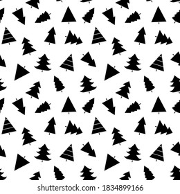 Seamless pattern with Christmas tree with toys. Red and white silhouette with black line.