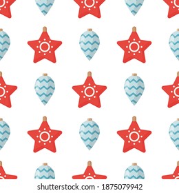 Nahtloses Muster mit Weihnachtsbaumspielzeug. Geeignet für Postkarten, Verpackungspapier, Bücher und Poster. Vektorgrafik.