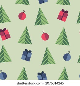 Seamless pattern with Christmas tree, Christmas Tree Toys, gifts, for backgrounds and wrapping paper, fabric, textile.