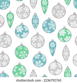 Seamless pattern Christmas tree toys. Balls cones with snowflakes background. New Year vector illustration. Design web wrapping wallpaper print cover.