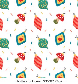 Patrón sin inconvenientes de los juguetes de los árboles de Navidad. Decoración navideña de estilo retro. Fondo, impresión, vector