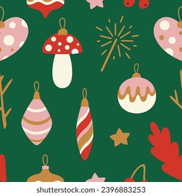 Patrón sin foco con juguetes de árbol de Navidad, bayas, ramas. Plantilla para papel, tela, textil. Ilustración vectorial sobre fondo aislado en un estilo moderno.