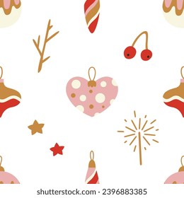 Patrón sin foco con juguetes de árbol de Navidad, bayas, ramas. Plantilla para papel, tela, textil. Ilustración vectorial sobre un fondo blanco aislado en un estilo moderno.
