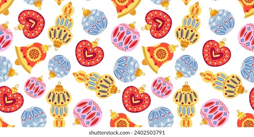 Seamless pattern with Christmas tree toys. Retro hand-drawn decorations for the Christmas tree. Vector flat illustration.