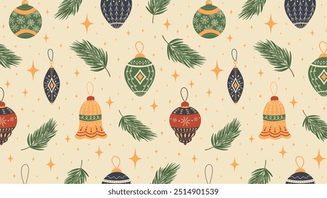 Seamless Pattern With Christmas Tree Toys. New Year Background for Printing on Paper, Textile, Greeting Cards. Vector