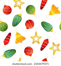 Seamless pattern with Christmas tree toys. Vector holiday illustration 