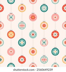 Seamless pattern with Christmas tree toys. Christmas ornaments. Print for wallpapers, textiles, wrapping paper, banners. Vector illustration in flat style