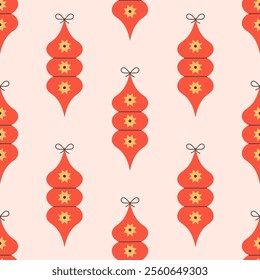 Seamless pattern with Christmas tree toys. Christmas ornaments. Print for wallpapers, textiles, wrapping paper, banners. Vector illustration in flat style