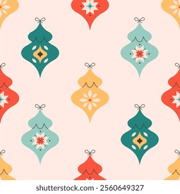 Seamless pattern with Christmas tree toys. Christmas ornaments. Print for wallpapers, textiles, wrapping paper, banners. Vector illustration in flat style