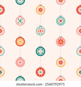 Seamless pattern with Christmas tree toys. Christmas ornaments. Print for wallpapers, textiles, wrapping paper, banners. Vector illustration in flat style