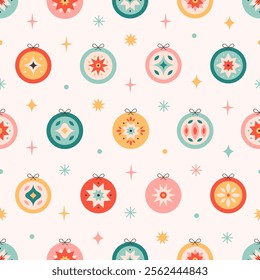 Seamless pattern with Christmas tree toys. Christmas ornaments. Print for wallpapers, textiles, wrapping paper, banners. Vector illustration in flat style