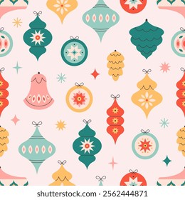 Seamless pattern with Christmas tree toys. Christmas ornaments. Print for wallpapers, textiles, wrapping paper, banners. Vector illustration in flat style