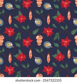 Seamless pattern with Christmas tree toys. Decorations. Design for fabric, textiles, wallpaper, packaging