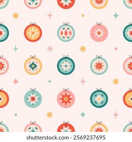 Seamless pattern with Christmas tree toys. Christmas ornaments. Print for wallpapers, textiles, wrapping paper, banners. Vector illustration in flat style