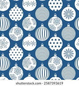 Seamless pattern Christmas tree toys. White printed balls blue background. Vector illustration. Design web wrapping wallpaper print cover textile.