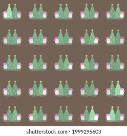 Seamless pattern of Christmas tree and two snowmen. Concept of Christmas, new year celebration.