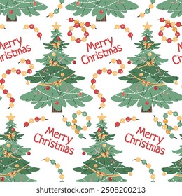 Seamless pattern with Christmas tree. Vector holiday texture in flat style. Merry Christmas and Happy New Year. Suitable for wallpaper, wrapping paper, fabric, etc.