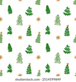 Patrón sin fisuras Ilustración vectorial de árbol de Navidad. Colección de árboles de Navidad decorativos lindos dibujados a mano aislados sobre fondo blanco. Diseño para la etiqueta engomada, decoración, tarjeta, cartel, obra de arte.