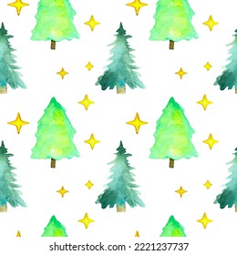Patrón sin foco con acuarela de árbol de Navidad. Para imprimir papel envolvente, papel pintado, embalaje, tela. Ilustración vectorial dibujada a mano.