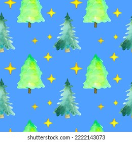 Patrón sin foco con acuarela de árbol de Navidad. Para imprimir papel envolvente, papel pintado, embalaje, tela. Ilustración vectorial dibujada a mano.